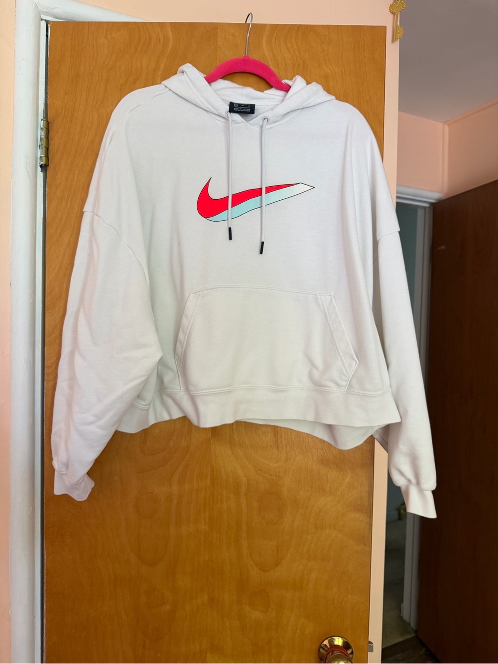 Nike Cropped Hoodie, Wide Arm, White with Pink Logo, Size XL